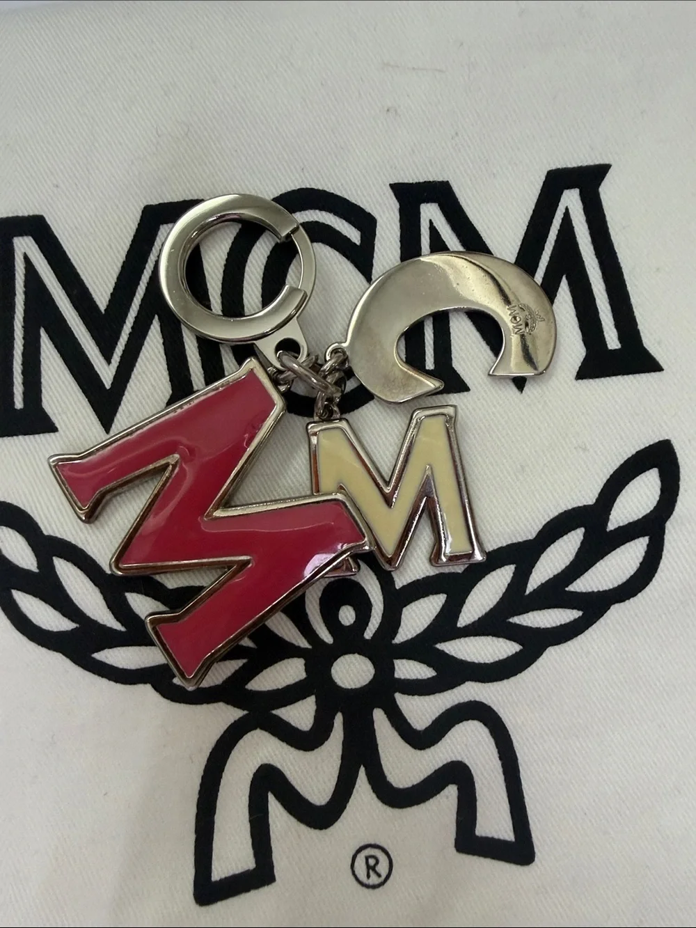 MCM Pink and Cream Enamel Logo Keyring with Silver Hardware